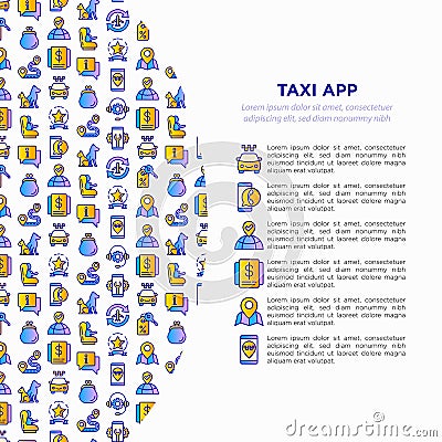 Taxi app concept with thin line icons: payment method, promocode, app settings, info, support service, phone number, pointer, Vector Illustration