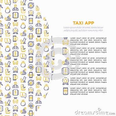 Taxi app concept with thin line icons: payment method, promocode, app settings, info, support service, route, destination, airport Vector Illustration