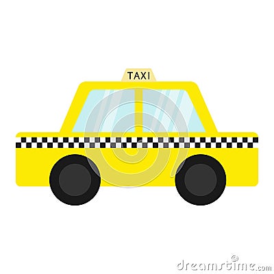 Taxi car cab icon. Cartoon transportation collection. Yellow taxicab. Checker line, light sign. New York symbol. Isolated. White b Vector Illustration