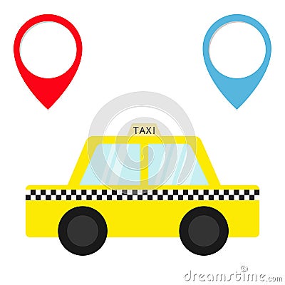 Taxi car cab icon. Placemark Map pointer navigation marker set. Cartoon transportation collection. Yellow taxicab. Checker line, l Vector Illustration