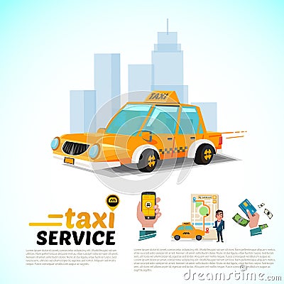 Taxi car in the city. public taxi service application concept - Cartoon Illustration