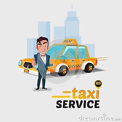 taxi car and driver in welcome action. taxi concept concept. character design - vector Vector Illustration