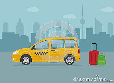 Taxi car and luggage on city background. Vector Illustration