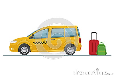 Taxi car and luggage isolated on white background. Vector Illustration