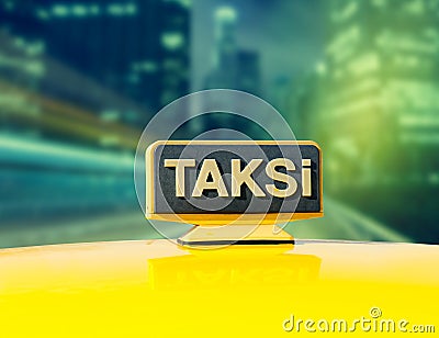 Taxi car on the street at night, Yellow sign of istanbul taxi Stock Photo