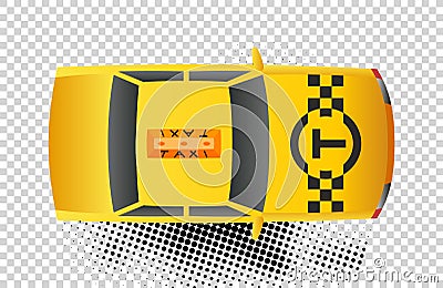 Taxi car top view icon. Yellow taxicab sedan with checker top light box on roof flat style vector illustration isolated Vector Illustration