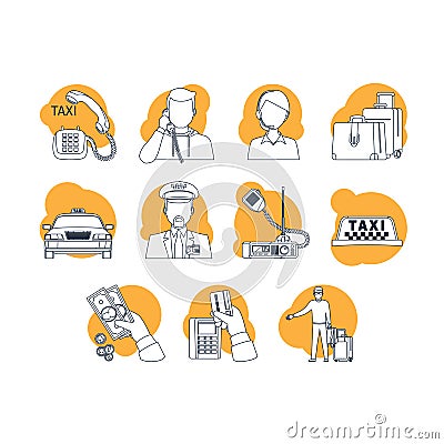 Taxi cartoon line icons Vector Illustration