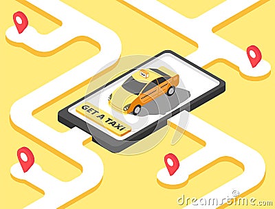 Taxi concept. Isometric yellow car cab riding for client on map. Taxi service app vector background Vector Illustration