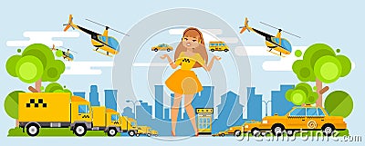 Taxi dispatcher girl takes calls over headset vector illustration set. Company disposal passenger car and truck for Vector Illustration