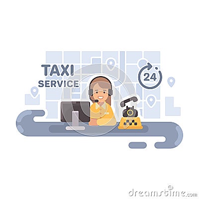 Taxi dispatcher at her desk. Taxi service flat illustration Vector Illustration