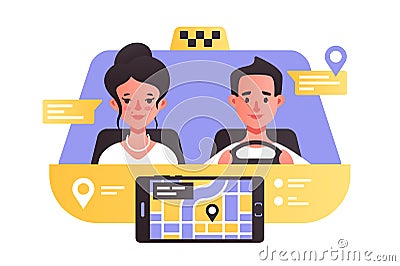 Taxi driver with beautiful woman in car Vector Illustration
