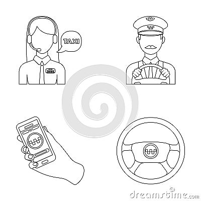 A taxi driver with a microphone, a taxi driver at the wheel, a cell phone with a number, a car steering wheel. Taxi set Vector Illustration