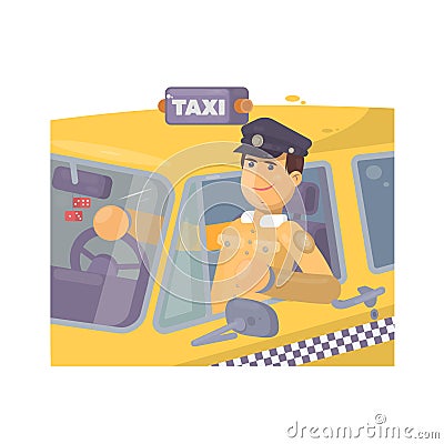 Taxi driver sitting in car Flat illustration Vector Illustration