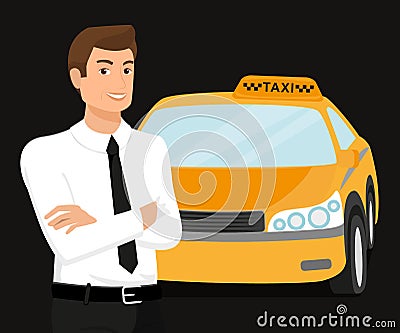 Taxi driver and yellow car behind him Vector Illustration
