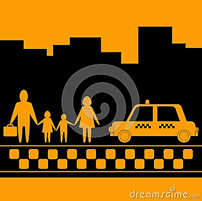 Taxi for family on urban background Vector Illustration