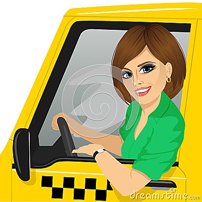 Taxi female driver with sunglasses in yellow car smiling Vector Illustration