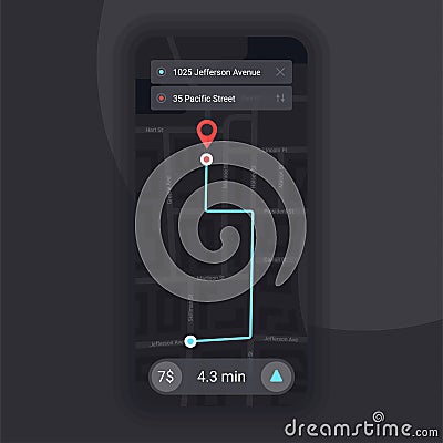 Taxi GPS Locator. City Map Navigation. Mobile App User Interface concept design. Dark theme. UI Template. Vector Vector Illustration