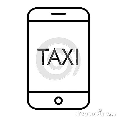 Taxi mobile call thin line icon. Taxi on smartphone screen vector illustration isolated on white. Mobile phone with taxi Vector Illustration