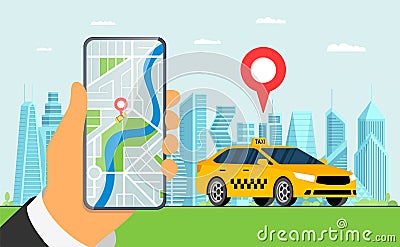 Taxi mobile ordering service app concept. Online order yellow cab. Hand holding smartphone with geotag gps location pin Vector Illustration