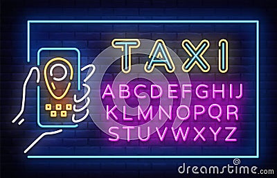 Taxi Neon Signboard in Frame Vector. Taxi neon sign, design template, modern trend design, night neon signboard, night Vector Illustration