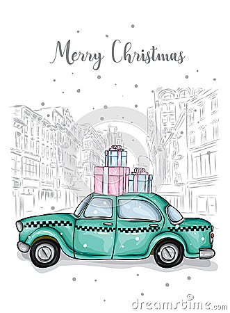 Taxi with New Year`s gifts on the roof. Winter and snow, new year and christmas. Vector illustration for a card or poster. Car. Vector Illustration