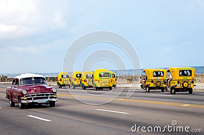 Taxi and old retro car in Habana, Cuba Editorial Stock Photo