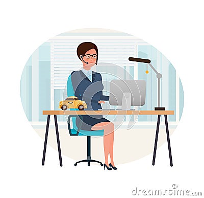 Girl operator, employee company, takes orders, advises and services clients. Vector Illustration