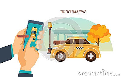 Taxi order service. Online service, call by phone, mobile application. Vector Illustration