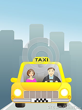 Taxi with passenger in big city Vector Illustration