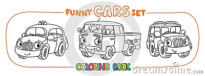 Funny small city cars with eyes. Coloring book set Vector Illustration