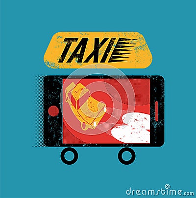 Taxi. Retro grunge poster with smartphone. Mobile app for booking taxi. Vector illustration. Vector Illustration