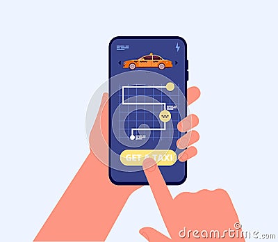 Taxi service app. Mobile urban transportation, hands holding smartphone. Rent car online, vector concept Vector Illustration