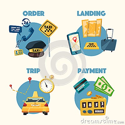 Taxi service. Cartoon vector illustration. Trip and payment Vector Illustration