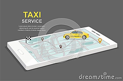 Taxi service concept. Business infographic with transport on smartphone. Isometric Illustration Vector Illustration