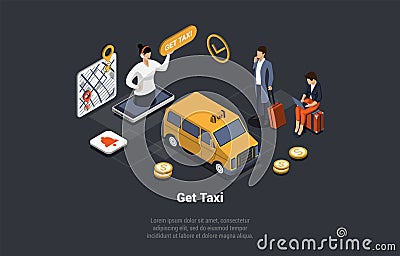 Taxi Service Concept. Online Taxi Operator Accepts Orders From Customers. Online Mobile Taxi Order Service. People With Vector Illustration