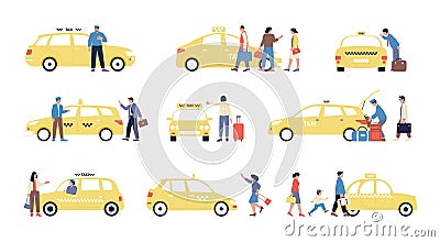 Taxi service. Family in car, isolated woman man travel to airport or railway station. Tourist transportation app Vector Illustration