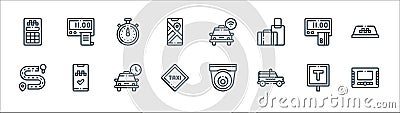 taxi service line icons. linear set. quality vector line set such as monitor, taxi, taxi, route, payment, stopwatch, taximeter Vector Illustration