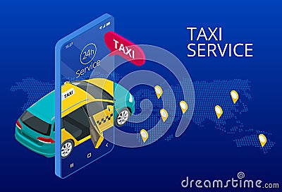 Taxi service. Mobile phone with taxi app on city background. Online mobile taxi order service app. Isometric taxi yellow Vector Illustration