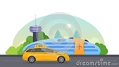 Airport building, runway for airplanes, airport landscape, services taxi. Vector Illustration