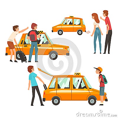 Taxi Service Set, Clients Waving to Taxi, Man Putting Luggage in Car Vector Illustration Vector Illustration