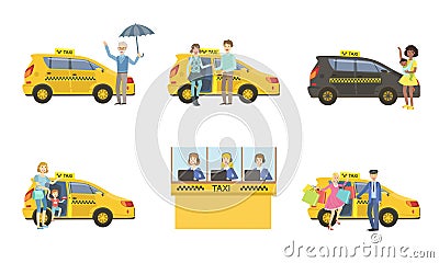 Taxi Service Set, Taxi Driver in Yellow Car and Passengers, Customers Catching Cab, Call Operator Support Service Vector Illustration