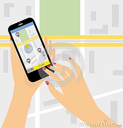 Taxi service. Smartphone and touchscreen, city skyscrapers.Transportation network app, calling a cab by mobile phone concept Vector Illustration