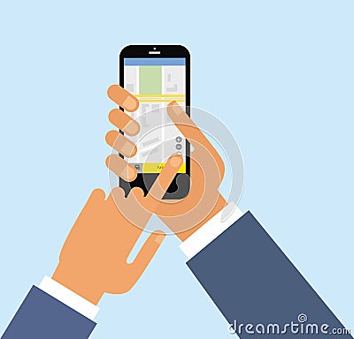 Taxi service. Smartphone and touchscreen. Transportation network app, calling a cab by mobile phone concept. Navigator Vector Illustration