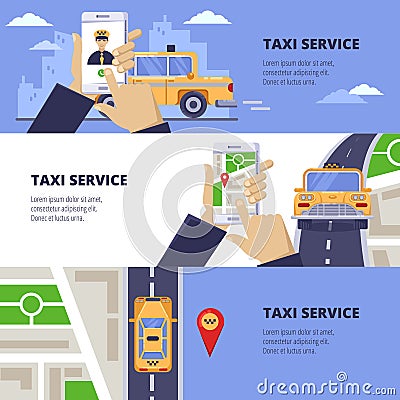 Taxi service travel concept. Vector illustration of yellow cab on road and mobile app on smartphone screen Vector Illustration