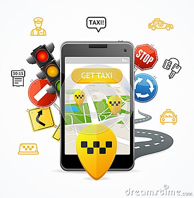 Taxi Services Concept Mobile Phone App. Vector Vector Illustration