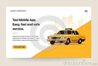 Taxi services mobile app website template. Retro yellow cab illustration. Home page concept. UI design mockup. Vector Illustration