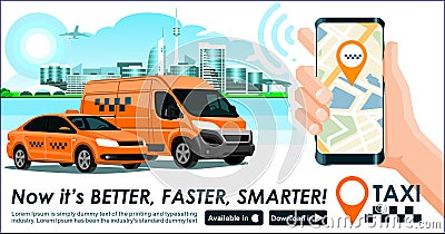 Taxi & trucking industry app banner. City skyline modern buildings hi-tech & taxi cab also smartphone gps map in hand. Concept tem Stock Photo