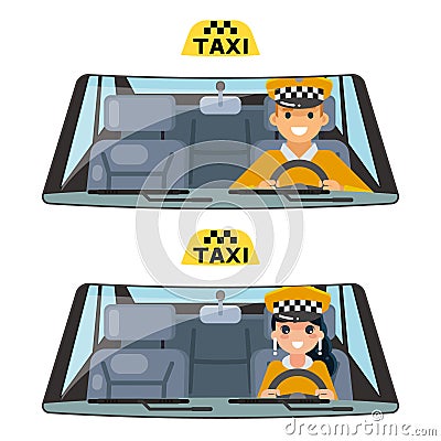 Taxi vehicle interior driver worker car wheel ride male female driving transportation isolated flat design vector Vector Illustration