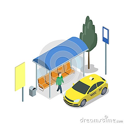 Taxi waiting station isometric 3D icon Cartoon Illustration