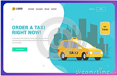 Taxi website template. illustration of a car on the background of the city. Vector Illustration